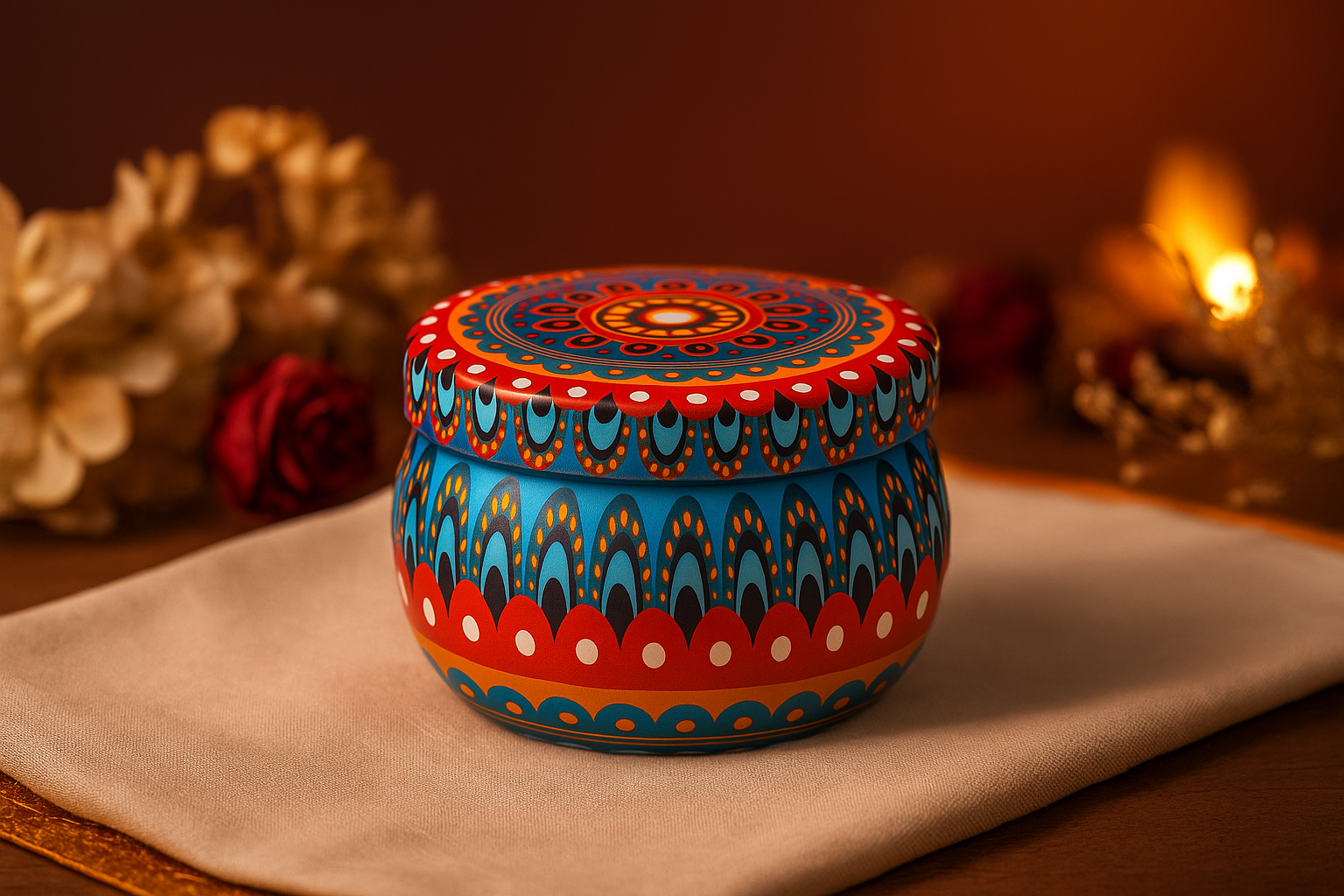 Scented Mandala Tin Candle – Lavender Fragrance Decorative Soy Wax Candle for Home Decor, Diwali & Gifting – 150g - Image 4