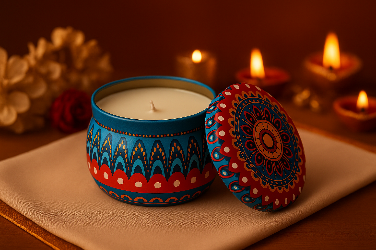 Scented Mandala Tin Candle – Lavender Fragrance Decorative Soy Wax Candle for Home Decor, Diwali & Gifting – 150g - Image 3