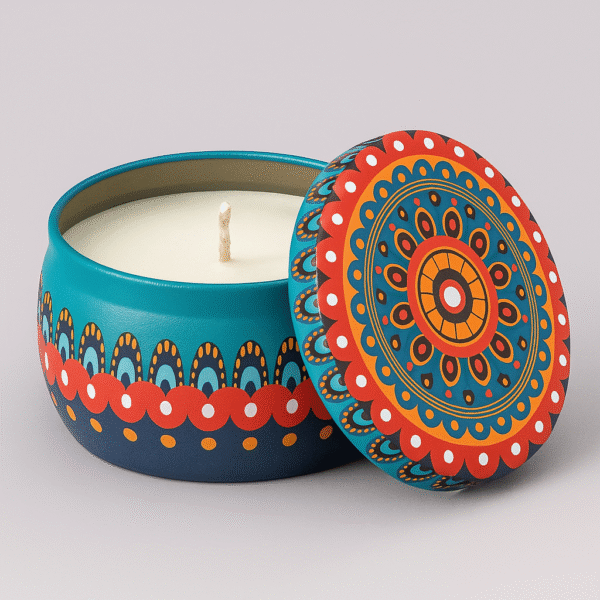 Scented Mandala Tin Candle – Lavender Fragrance Decorative Soy Wax Candle for Home Decor, Diwali & Gifting – 150g