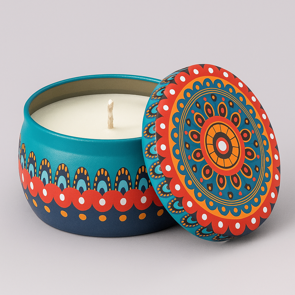 Scented Mandala Tin Candle – Lavender Fragrance Decorative Soy Wax Candle for Home Decor, Diwali & Gifting – 150g