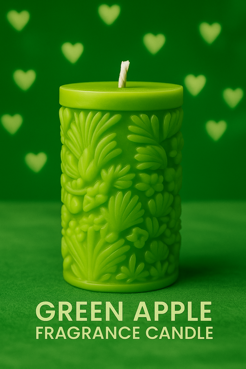 decorative wax pillar candle, embossed designer candle, green apple aroma candle, luxury handmade candle, Luxury scented candles for home, pillar candle green, spa candle India