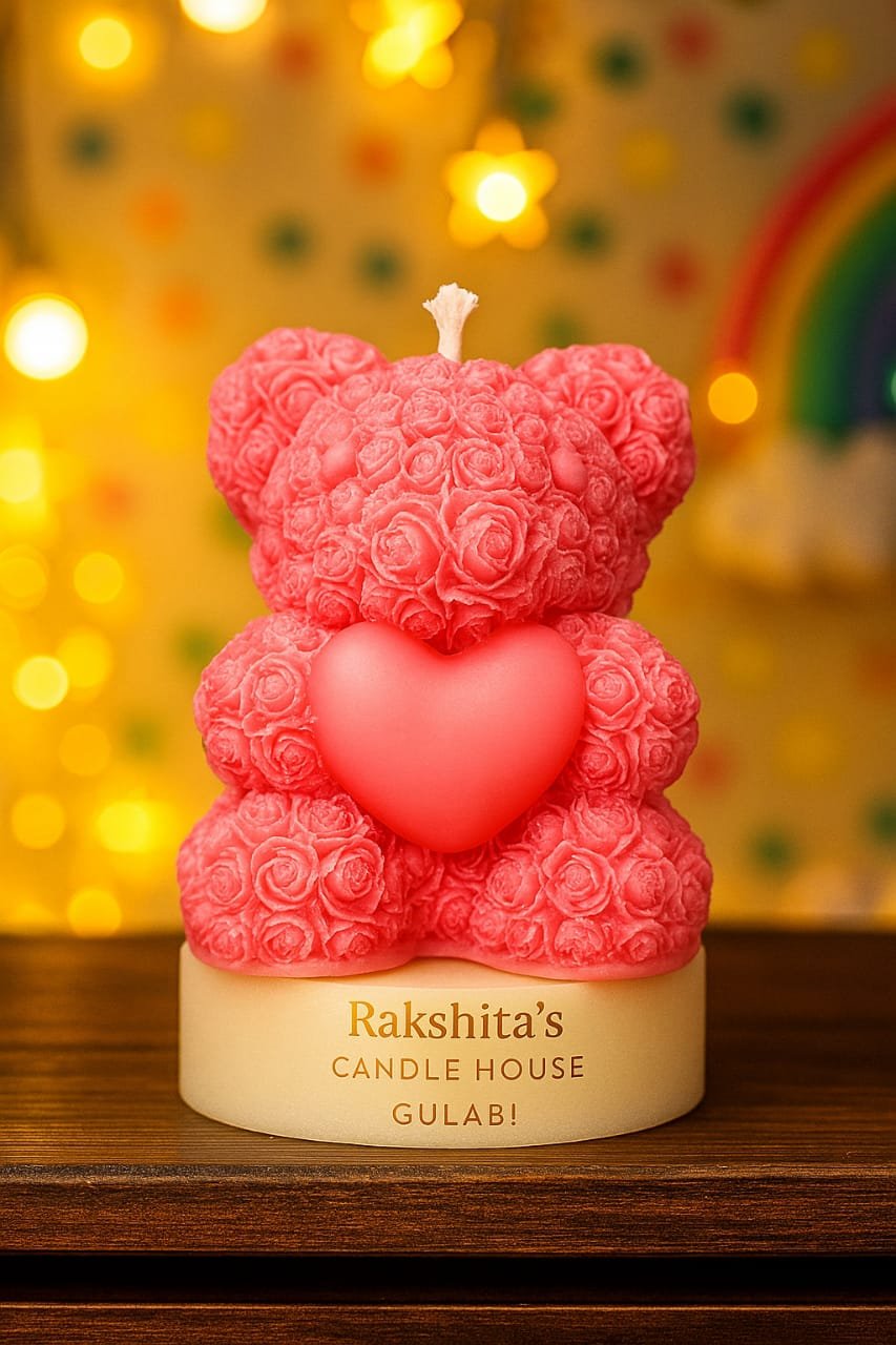 Aurafuk teddy heart candle Handmade Teddy Bear Shaped Scented Candle Cute Teddy Bear Candle for Gifting and Decoration Eco-Friendly Wax Teddy Bear Candle with Soft Fragrance Decorative Bear Candle for Baby Showers and Birthdays Brown Teddy Bear Candle on Wooden Tray Background