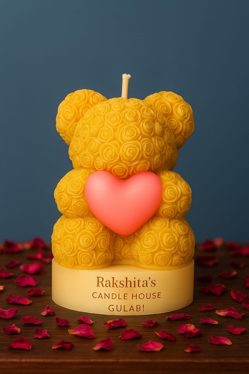 Handmade Teddy Bear Shaped Scented Candle Cute Teddy Bear Candle for Gifting and Decoration Eco-Friendly Wax Teddy Bear Candle with Soft Fragrance Decorative Bear Candle for Baby Showers and Birthdays Brown Teddy Bear Candle on Wooden Tray Background