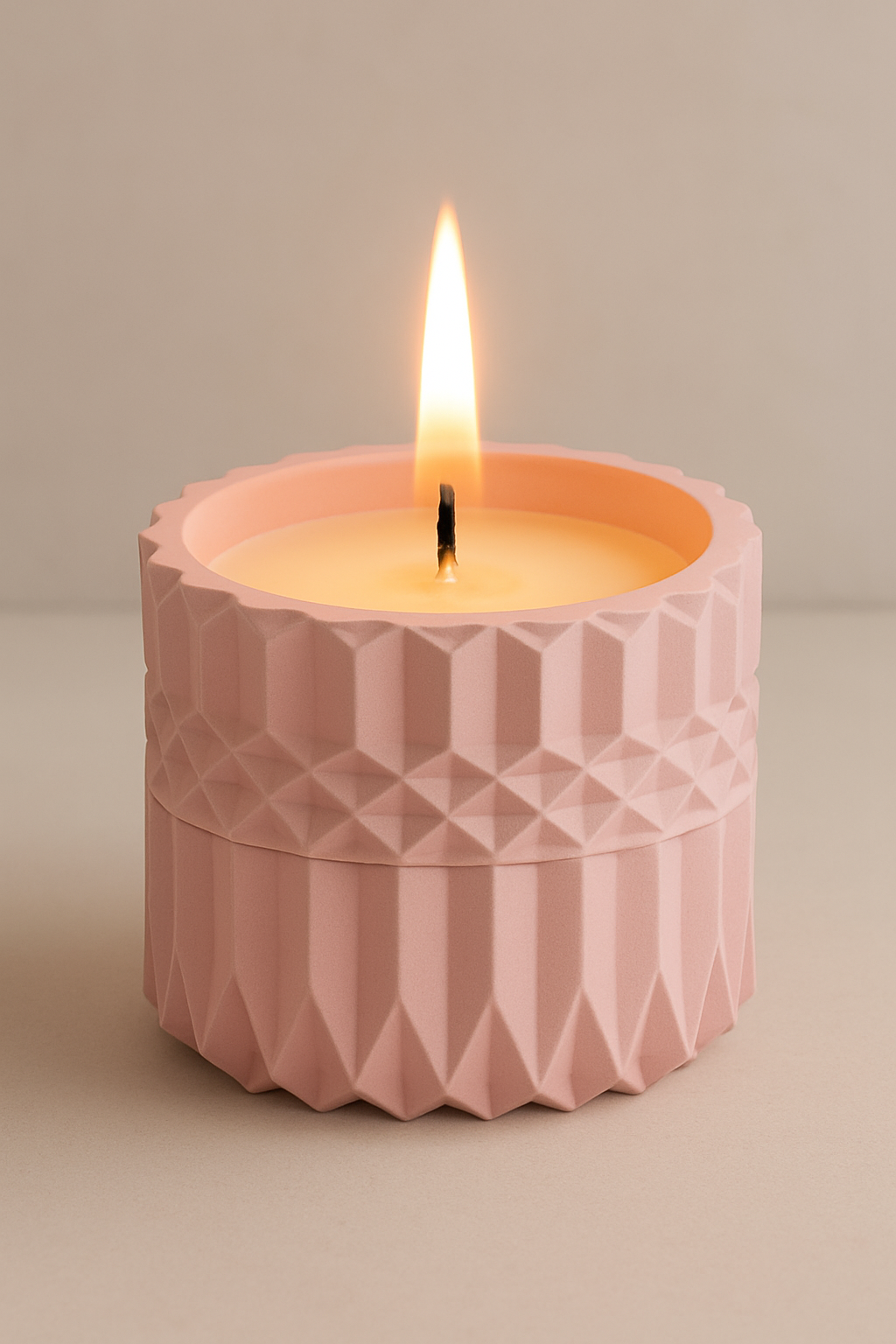 Lavender soy wax candle in pink ceramic jar with wooden wick